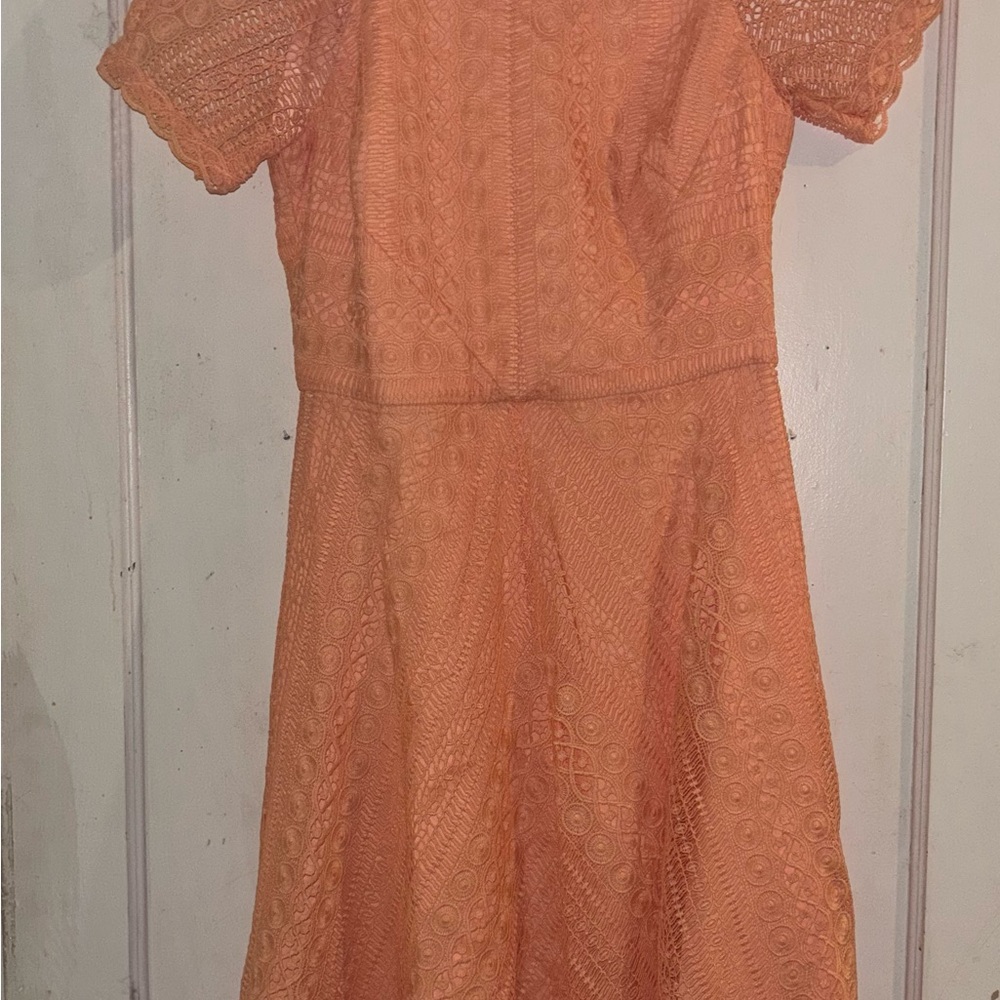 Women's Peach Lace Midi Dress with Fit-and-Flare Silhouette